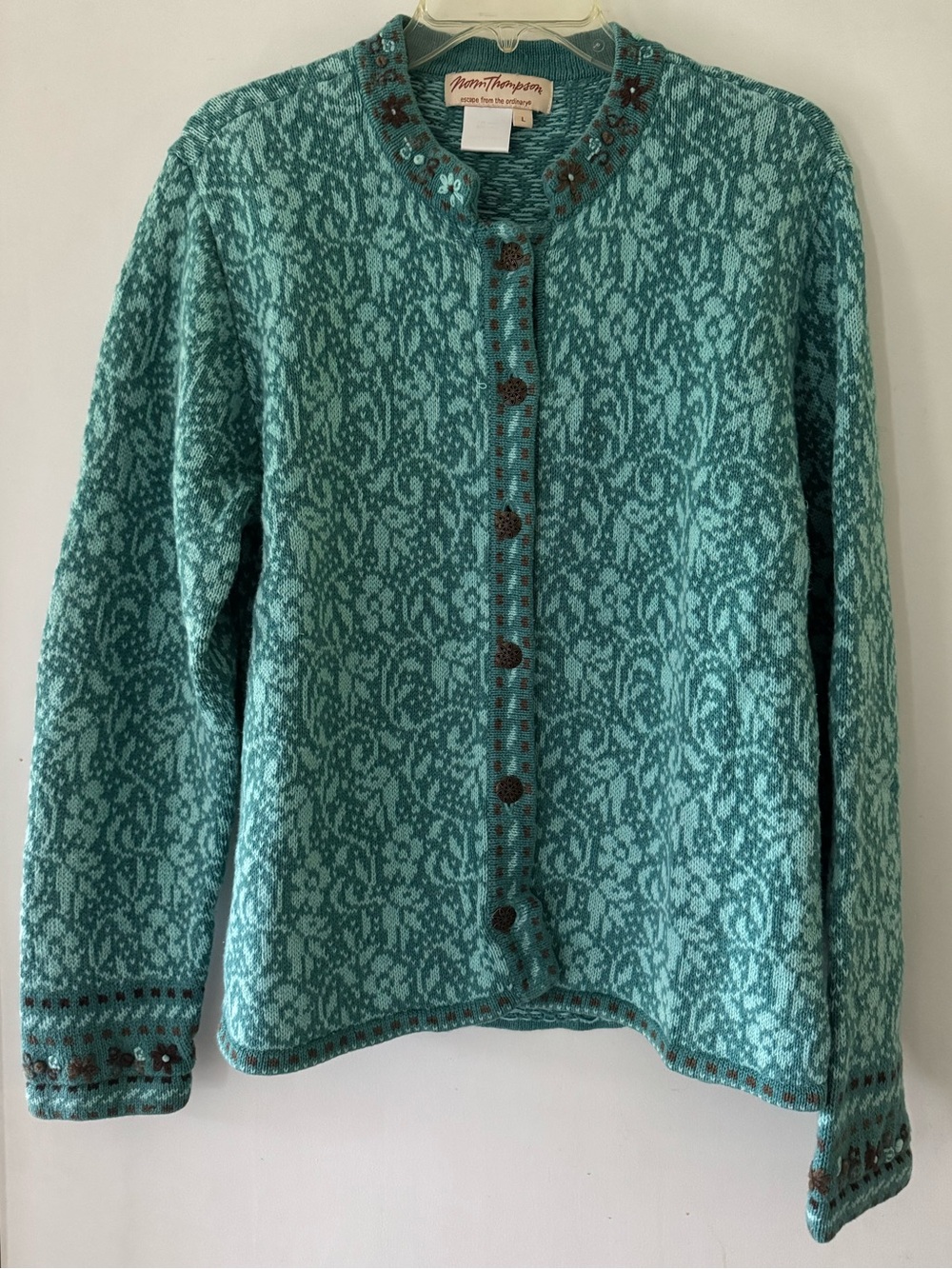 Norm Thompson Teal Knit Cardigan with Embroidered Trim